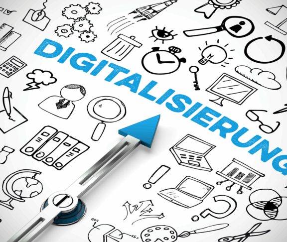 Digitalisierung (Deutsch für: Digitization) Konzept mit Symbolen und Kompasspfeilen, die auf Schrift zeigen (3D-Rendering)