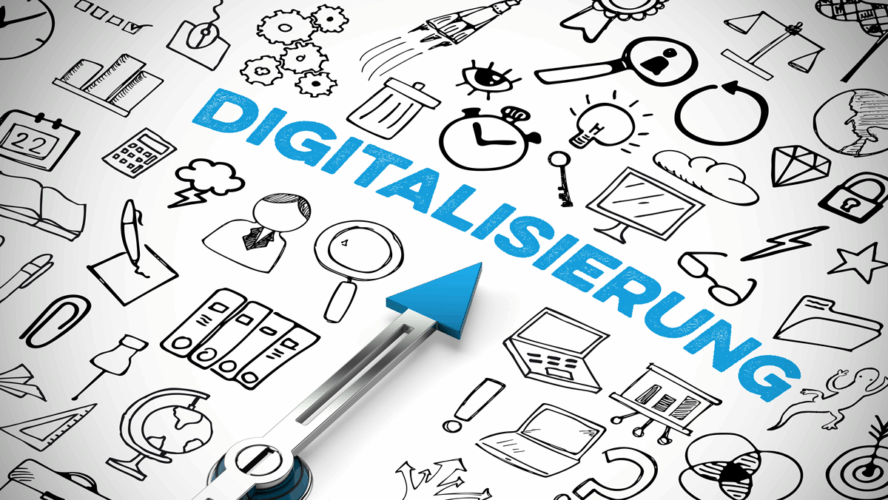 Digitalisierung (Deutsch für: Digitization) Konzept mit Symbolen und Kompasspfeilen, die auf Schrift zeigen (3D-Rendering)