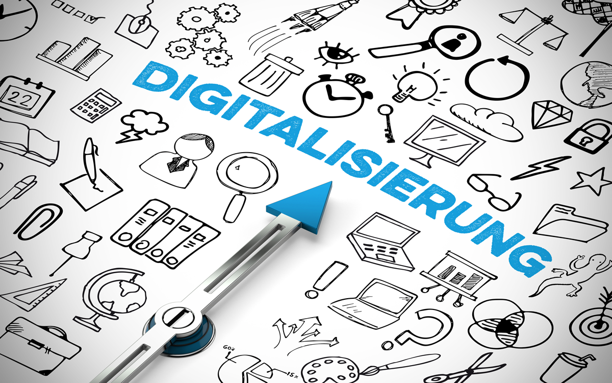 Digitalisierung (Deutsch für: Digitization) Konzept mit Symbolen und Kompasspfeilen, die auf Schrift zeigen (3D-Rendering)
