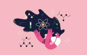 Frauenwissenschaftlerin und Forschungskonzept. Karriereberuf für weibliche Zeichentrickfiguren als Versuchsärztin oder Chemikerin mit einheitlicher Betrachtung von Werkzeugen in der HaarVektorgrafik