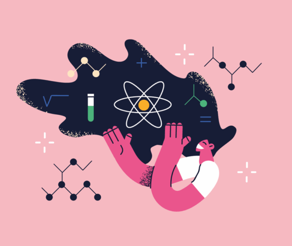 Frauenwissenschaftlerin und Forschungskonzept. Karriereberuf für weibliche Zeichentrickfiguren als Versuchsärztin oder Chemikerin mit einheitlicher Betrachtung von Werkzeugen in der HaarVektorgrafik