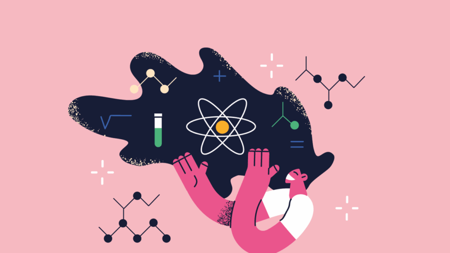 Frauenwissenschaftlerin und Forschungskonzept. Karriereberuf für weibliche Zeichentrickfiguren als Versuchsärztin oder Chemikerin mit einheitlicher Betrachtung von Werkzeugen in der HaarVektorgrafik