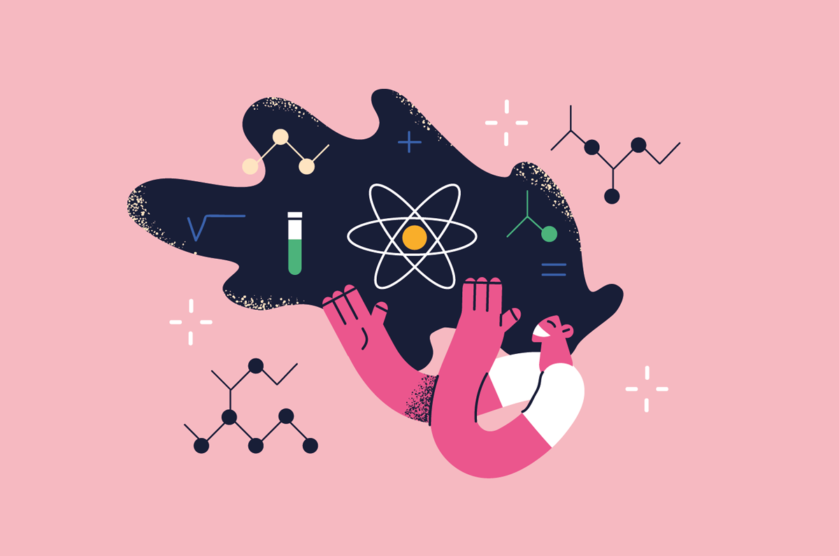Frauenwissenschaftlerin und Forschungskonzept. Karriereberuf für weibliche Zeichentrickfiguren als Versuchsärztin oder Chemikerin mit einheitlicher Betrachtung von Werkzeugen in der HaarVektorgrafik