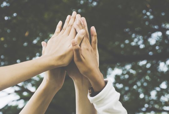 Team work and together concept, Hand of people high five for tag team