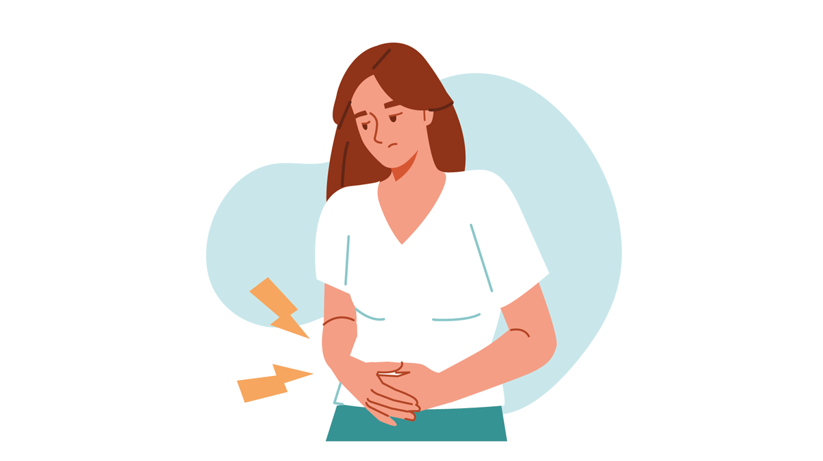 Die Frau leidet an Bauchschmerzen. Menstruationskrämpfe oder Endometriose Bauchschmerzkonzept. Vektorillustration.