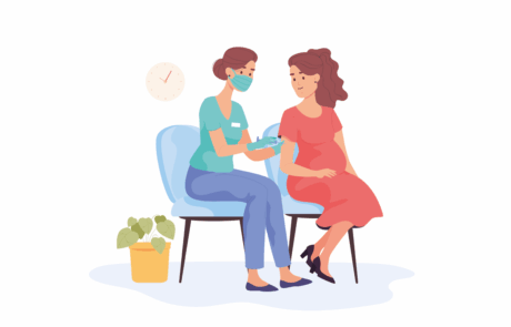 Pregnant woman getting corona vaccine booster. Nurse in mask giving shot or jab to pregnant girl flat vector illustration. Pregnancy, coronavirus, vaccination concept for banner or landing web page