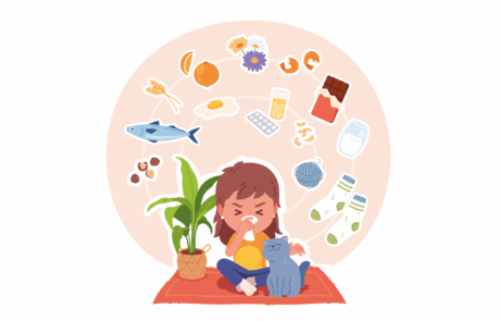 Allergietypen. Mädchen mit allergischen Krankheitssymptomen. Ile Person, die ihre Nase weht und an saisonalen Atemwegserkrankungen durch Pollen, Katzenfelle, Nahrung, Milch leidet. Vektorgrafik