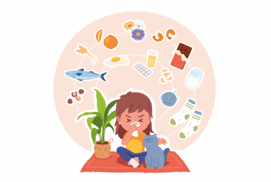 Allergietypen. Mädchen mit allergischen Krankheitssymptomen. Ile Person, die ihre Nase weht und an saisonalen Atemwegserkrankungen durch Pollen, Katzenfelle, Nahrung, Milch leidet. Vektorgrafik