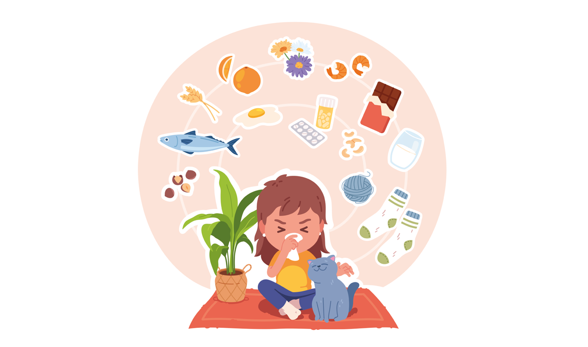 Allergietypen. Mädchen mit allergischen Krankheitssymptomen. Ile Person, die ihre Nase weht und an saisonalen Atemwegserkrankungen durch Pollen, Katzenfelle, Nahrung, Milch leidet. Vektorgrafik