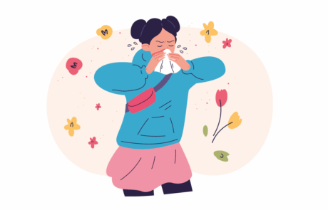 Pollenallergie. Niesen Frau saisonale allergische Reaktion Krankheit, Frühjahrsbestäubung Rhinitis Asthma Symptom Mädchen Nase mit Gewebe, Gesundheit Allergen Behandlung Vektorgrafik Original Kunstwerk