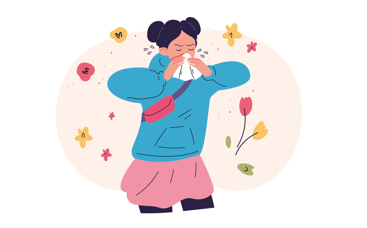 Pollenallergie. Niesen Frau saisonale allergische Reaktion Krankheit, Frühjahrsbestäubung Rhinitis Asthma Symptom Mädchen Nase mit Gewebe, Gesundheit Allergen Behandlung Vektorgrafik Original Kunstwerk