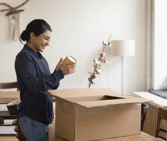 Fröhliches junges indisches Jungpferd packt Sachen zum Verlassen der Wohnung. Kunde, der ein Paket mit Einkauf im Webshop, Öffnen des Kartons, Papiercontainer, Lächeln, Spaß am Laufen erhält