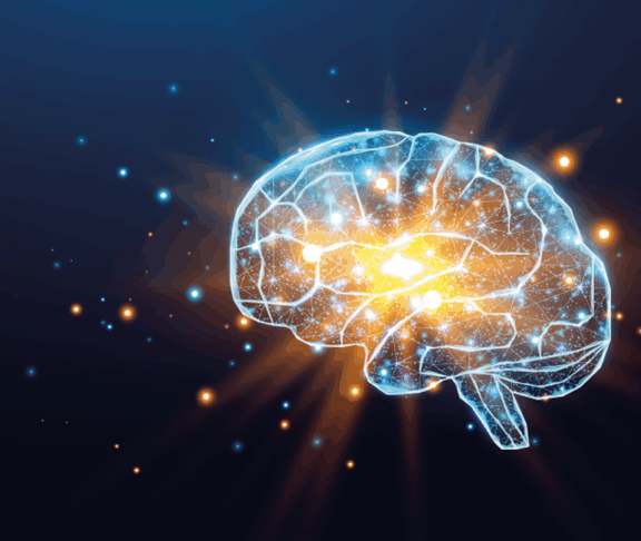 Menschliches Gehirn. Wireframe Low-Poly-Stil. Konzept für Medizin, Hirnkrebs, neuronales Netzwerk. Abstrakte moderne 3D-Vektorgrafik auf dunkelblauem Hintergrund.