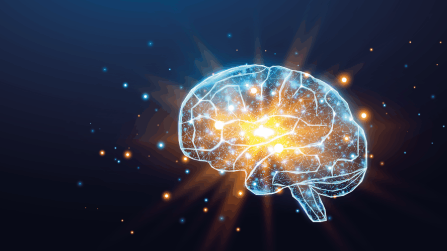 Menschliches Gehirn. Wireframe Low-Poly-Stil. Konzept für Medizin, Hirnkrebs, neuronales Netzwerk. Abstrakte moderne 3D-Vektorgrafik auf dunkelblauem Hintergrund.