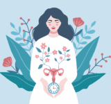 International Women's Health Day. Vector illustration of uterus on background of woman with clock and flowers, symbol of care and health. Menopause, menstrual cycle, ovulation, gynecology