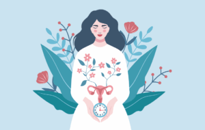 International Women's Health Day. Vector illustration of uterus on background of woman with clock and flowers, symbol of care and health. Menopause, menstrual cycle, ovulation, gynecology
