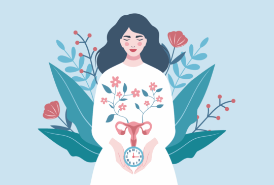 International Women's Health Day. Vector illustration of uterus on background of woman with clock and flowers, symbol of care and health. Menopause, menstrual cycle, ovulation, gynecology