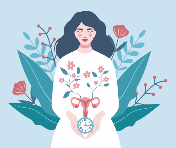 International Women's Health Day. Vector illustration of uterus on background of woman with clock and flowers, symbol of care and health. Menopause, menstrual cycle, ovulation, gynecology