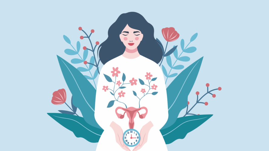 International Women's Health Day. Vector illustration of uterus on background of woman with clock and flowers, symbol of care and health. Menopause, menstrual cycle, ovulation, gynecology