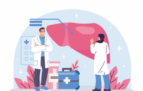 Zwei Ärzte untersuchen ein großes Leberdiagramm mit medizinischen Geräten, flacher Cartoon-Stil, auf hellblauem Hintergrund. Konzept der Leberdiagnostik und der Gesundheitsversorgung. Vektorgrafik