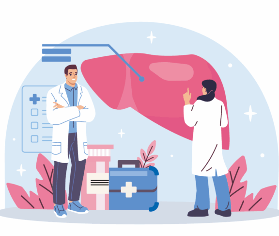 Zwei Ärzte untersuchen ein großes Leberdiagramm mit medizinischen Geräten, flacher Cartoon-Stil, auf hellblauem Hintergrund. Konzept der Leberdiagnostik und der Gesundheitsversorgung. Vektorgrafik