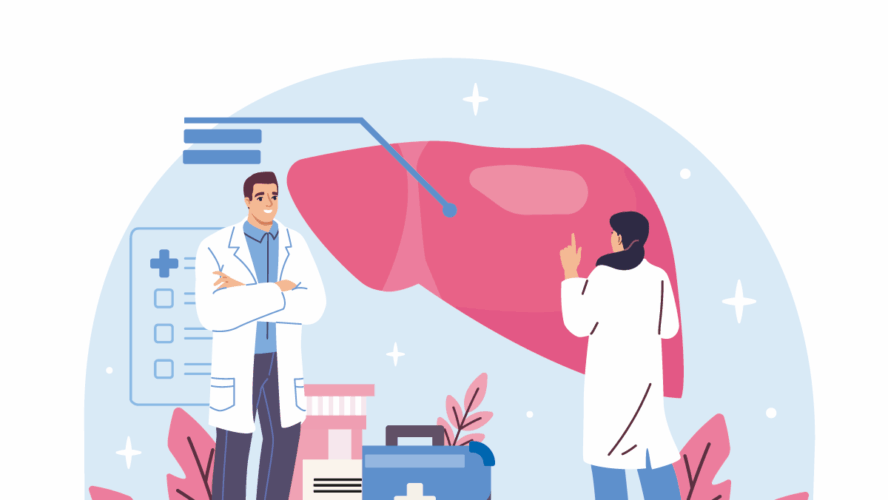 Zwei Ärzte untersuchen ein großes Leberdiagramm mit medizinischen Geräten, flacher Cartoon-Stil, auf hellblauem Hintergrund. Konzept der Leberdiagnostik und der Gesundheitsversorgung. Vektorgrafik