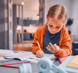 Kinder lernen Mathematik. Pensive blonde Mädchen sitzt am Desktop und löst arithmetische Aufgaben, während sie auf Finger zählt. Independent Kid entwickelt mentale Fähigkeiten und verbessert die Abrechnung im Kopf.