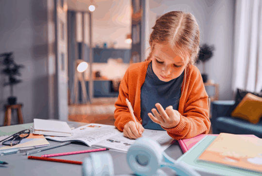 Kinder lernen Mathematik. Pensive blonde Mädchen sitzt am Desktop und löst arithmetische Aufgaben, während sie auf Finger zählt. Independent Kid entwickelt mentale Fähigkeiten und verbessert die Abrechnung im Kopf.