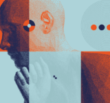 Mann mit seiner Faust unter seinem Kinn. Abstrakter digitaler menschlicher Kopf. Zeit zum Nachdenken. Minimalistisches Design für Geschäftspräsentationen, Flyer oder Poster. 3D-Vektorgrafik.