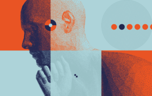 Mann mit seiner Faust unter seinem Kinn. Abstrakter digitaler menschlicher Kopf. Zeit zum Nachdenken. Minimalistisches Design für Geschäftspräsentationen, Flyer oder Poster. 3D-Vektorgrafik.