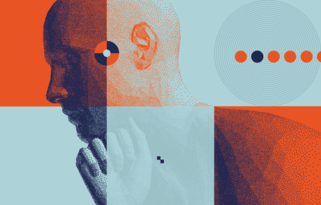 Mann mit seiner Faust unter seinem Kinn. Abstrakter digitaler menschlicher Kopf. Zeit zum Nachdenken. Minimalistisches Design für Geschäftspräsentationen, Flyer oder Poster. 3D-Vektorgrafik.