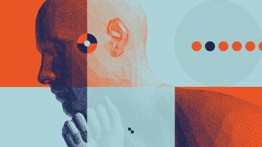 Mann mit seiner Faust unter seinem Kinn. Abstrakter digitaler menschlicher Kopf. Zeit zum Nachdenken. Minimalistisches Design für Geschäftspräsentationen, Flyer oder Poster. 3D-Vektorgrafik.