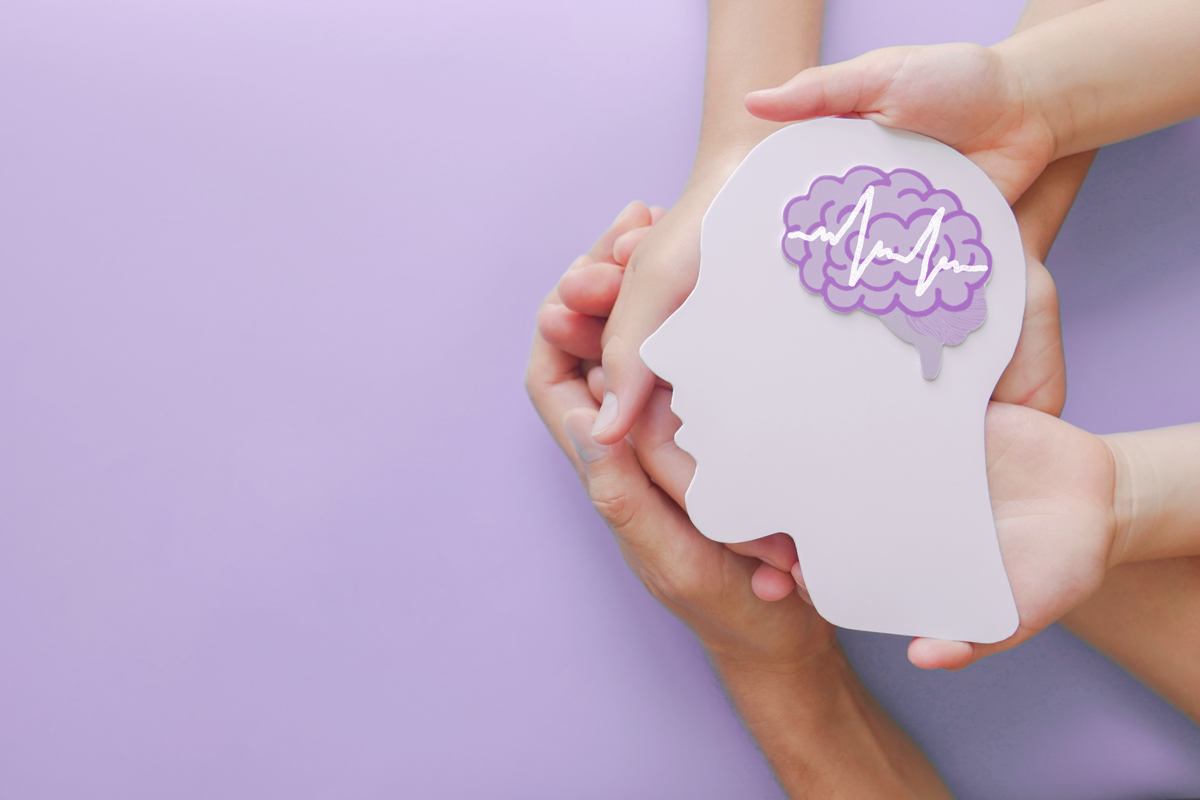 Erwachsene und Kinder, die eine Enzephalographie mit Gehirnausschnitt, Autismus, Schlaganfall, Epilepsie und Alzheimer-Bewusstsein, Krampfanfälle, Schlaganfall, ADHS, Weltsymbole