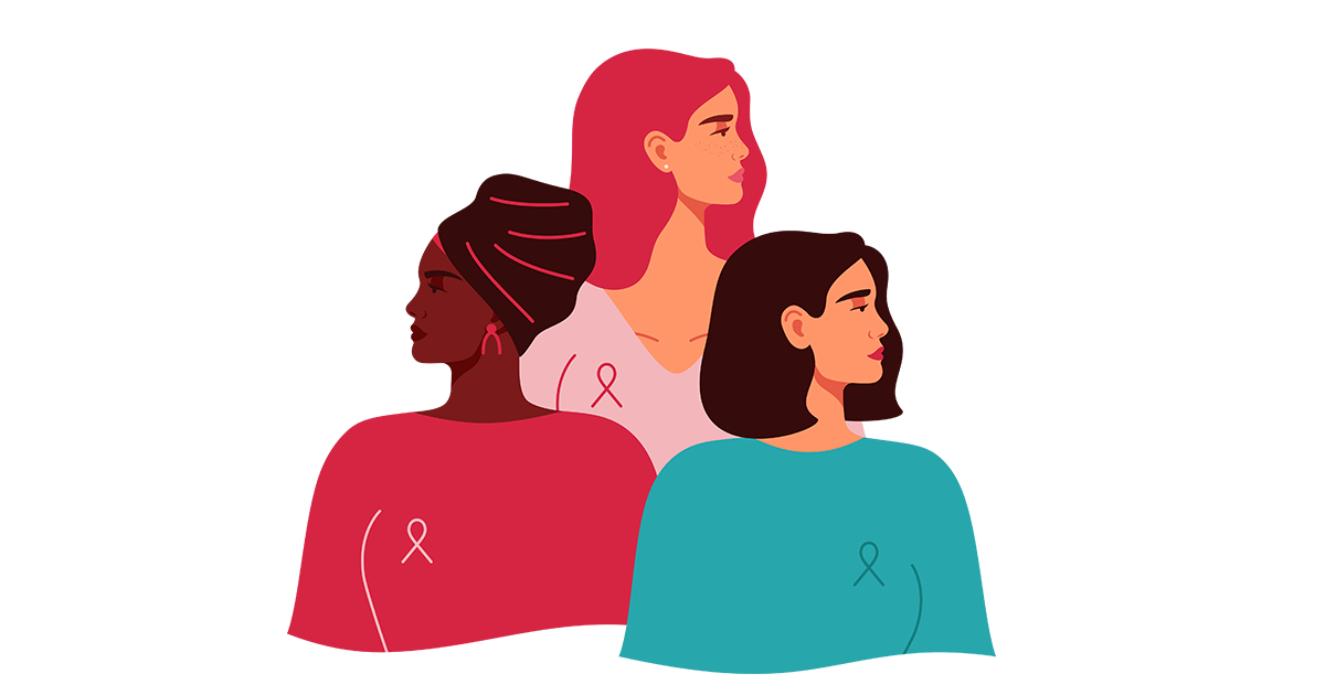 Three women with pink ribbons of different nationalities standing together. Breast cancer