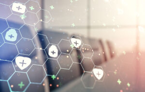 Abstract virtual medical illustration on a modern conference room background. Medicine and healthcare concept. Multiexposure