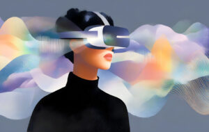 Woman wearing virtual reality headset with colorful abstract waves representing immersive digital experience and futuristic technology
