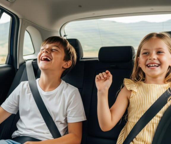 Two happy children enjoying a road trip adventure in the back seat