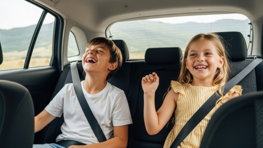 Two happy children enjoying a road trip adventure in the back seat