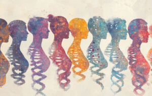 Diverse group of people with dna strands, symbolizing genealogy and genetic heritage.