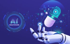 Gradient AI Healthcare Background with Pill and bionic hand - stock illustration