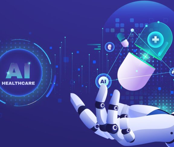 Gradient AI Healthcare Background with Pill and bionic hand - stock illustration