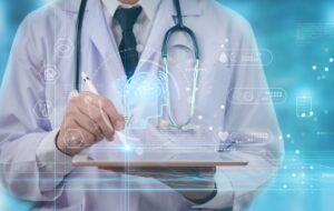 Doctor using a digital tablet with AI healthcare Telemedicine technology. Futuristic medical innovation with smart data analysis and neural interface. artificial intelligence in modern medicine