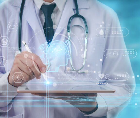 Doctor using a digital tablet with AI healthcare Telemedicine technology. Futuristic medical innovation with smart data analysis and neural interface. artificial intelligence in modern medicine