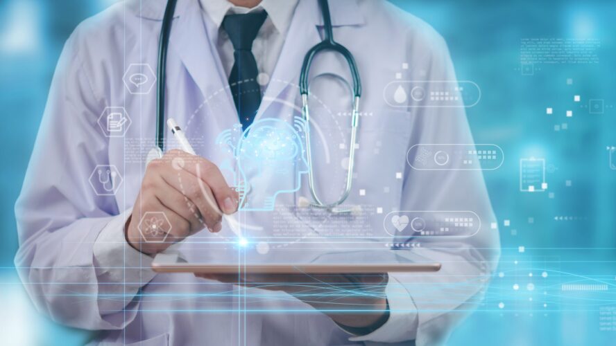 Doctor using a digital tablet with AI healthcare Telemedicine technology. Futuristic medical innovation with smart data analysis and neural interface. artificial intelligence in modern medicine