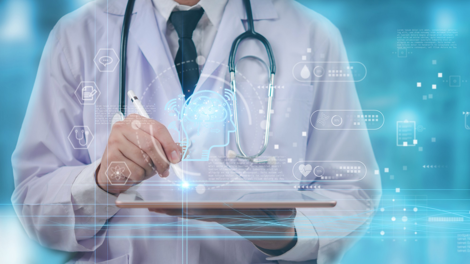 Doctor using a digital tablet with AI healthcare Telemedicine technology. Futuristic medical innovation with smart data analysis and neural interface. artificial intelligence in modern medicine