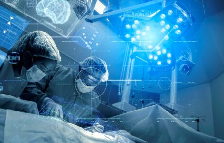 Operating room Doctor or Surgeon anatomy on Advanced robotic surgery machine futuristic virtual interface, robotic surgery are precision, miniaturisation future of tomorrow healthcare and wellness