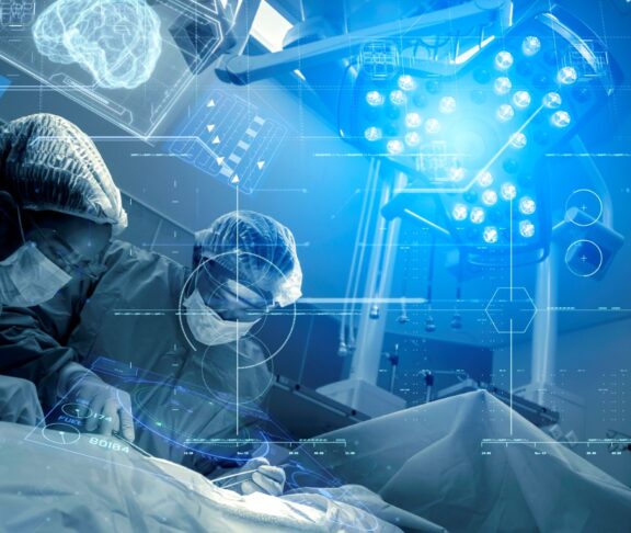 Operating room Doctor or Surgeon anatomy on Advanced robotic surgery machine futuristic virtual interface, robotic surgery are precision, miniaturisation future of tomorrow healthcare and wellness