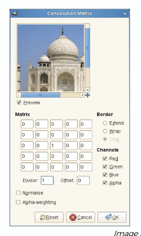 GIMP's Convolution Matrix filter dialog with a five by five kernel grid, preview of the Taj Mahal, divisor and offset controls