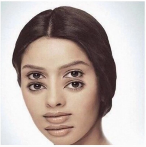Surreal portrait with two stacked pairs of eyes and two stacked mouths