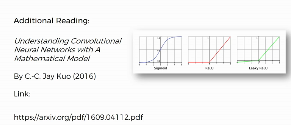 Slide: Additional reading, Understanding Convolutional Neural Networks with a Mathematical Model by C.-C. Jay Kuo 2016, arxiv 1609.04112, with sigmoid, ReLU and leaky ReLU curves